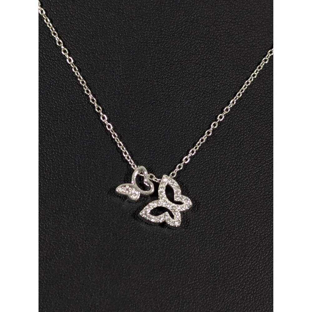 Silver Tone Double Butterfly CZ Charm Necklace Dainty Boho 18"